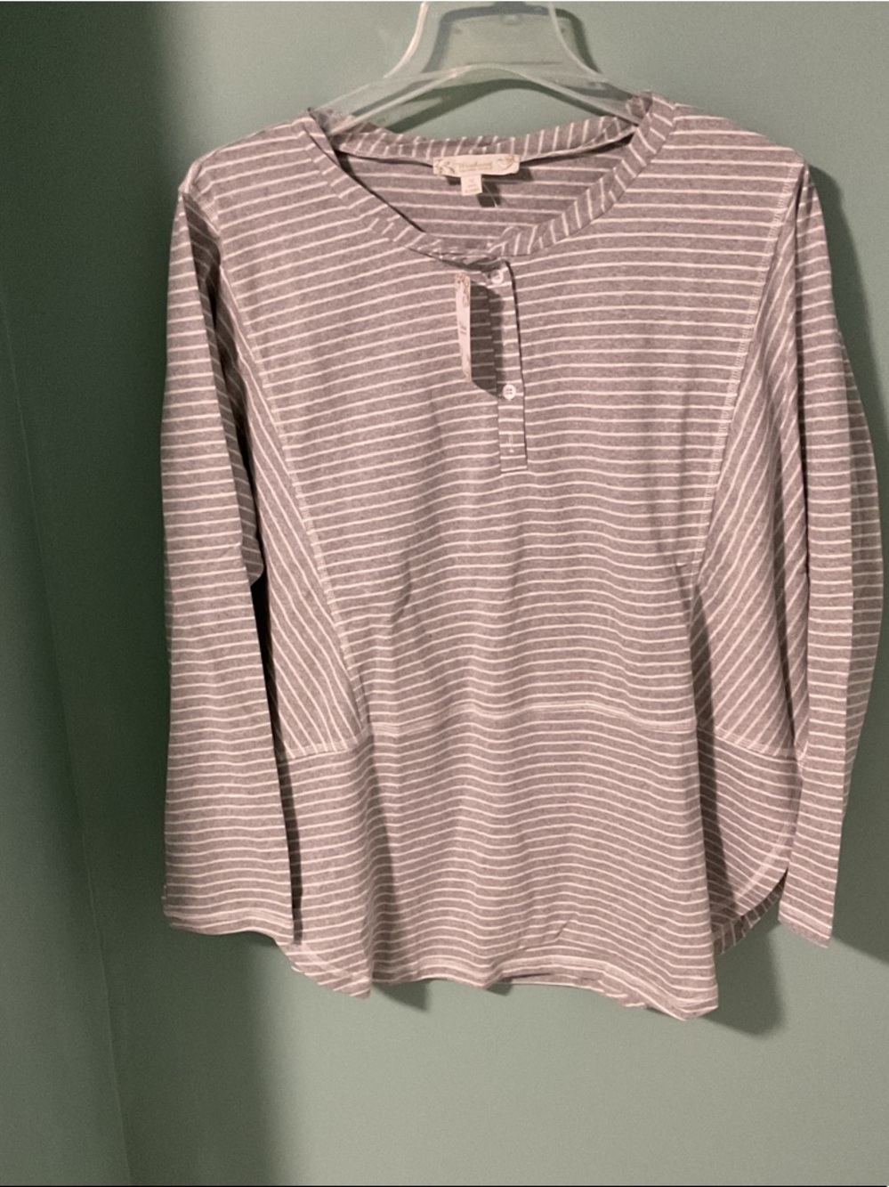 Suzanne Betro White & Gray Striped Henley Top